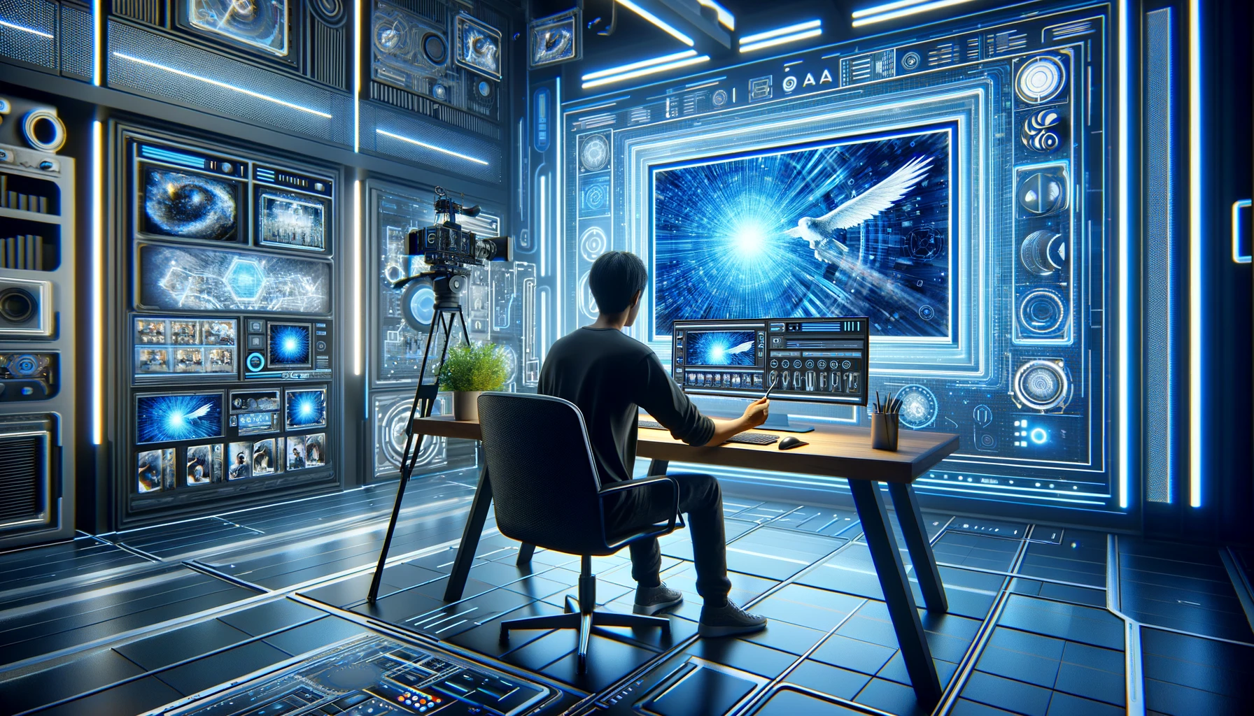 A creator is engaged in video creation using the Kaiber AI platform, with the AI-generated video displayed on the screen based on their image or textual description. The background features a futuristic tech-style studio, with an overall color scheme of blue and white, emphasizing a sense of technology and innovation. This scene illustrates the capabilities of Kaiber AI in transforming simple images or textual descriptions into dynamic video content, showcasing the tool as a revolutionary solution for video creators across various needs. The environment is designed to convey the seamless integration of advanced AI technology with creative video production processes, highlighting the endless possibilities offered by Kaiber AI.