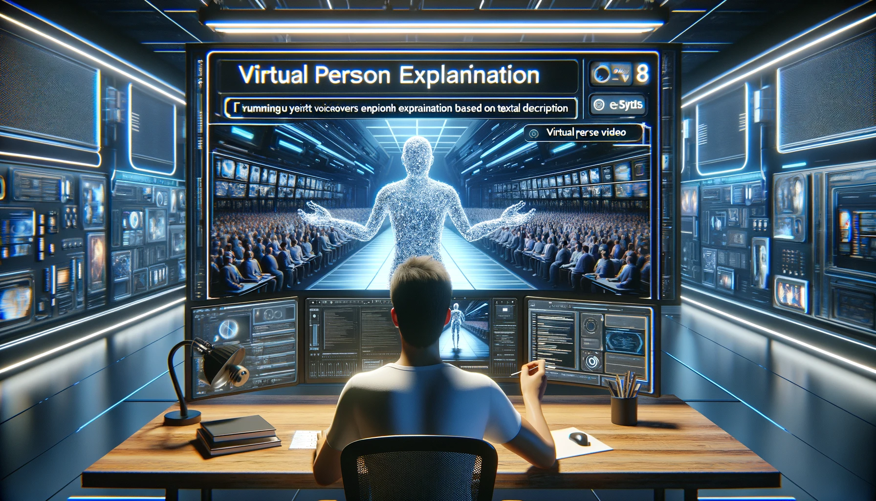 A user is creating a video using the Synthesys platform, with the screen displaying the virtual person explanation video generated based on textual description. The background features a futuristic tech-style work environment, with an overall color scheme of blue and white, emphasizing a sense of technology and innovation. This scene showcases the capabilities of Synthesys in transforming text into professional voiceovers and virtual person videos, illustrating the tool as a revolutionary solution for both personal content creation and enterprise marketing. The environment conveys the seamless integration of advanced synthetic voice technology with creative video production processes, highlighting the endless possibilities offered by Synthesys.