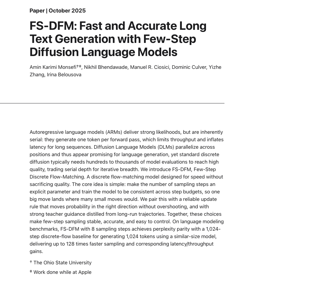 苹果FS-DFM模型发布：AI长文本写作效率提升128倍，打破生成瓶颈