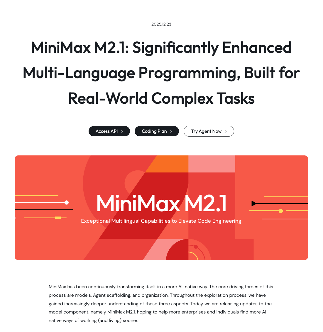 MiniMax M2.1开源模型发布：100亿参数编码AI登顶多语言SOTA，性能超越Gemini3Pro与Claude 4.5