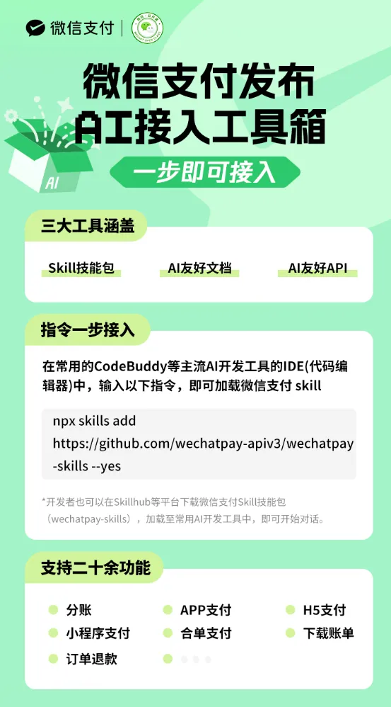 微信支付上线AI原生接入与AI工具箱：商户和开发者如何快速完成AI支付接入？