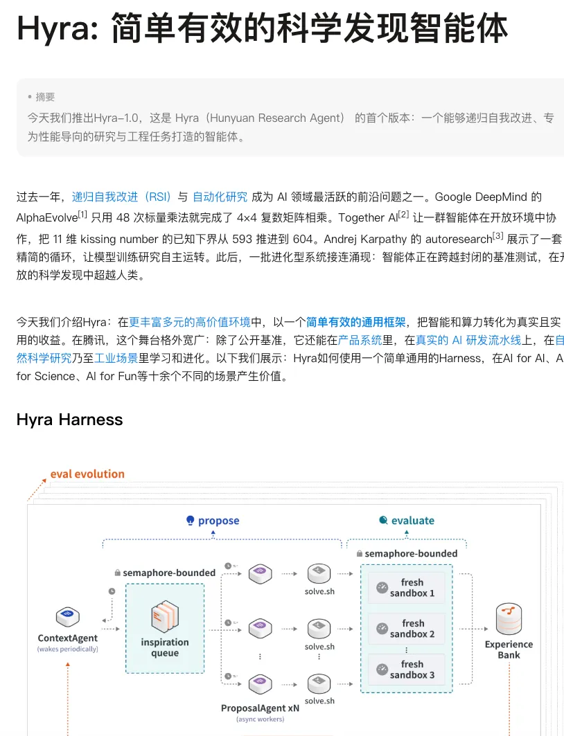 腾讯混元发布Hyra-1.0科研智能体：递归自我改进覆盖AI研发与科学发现